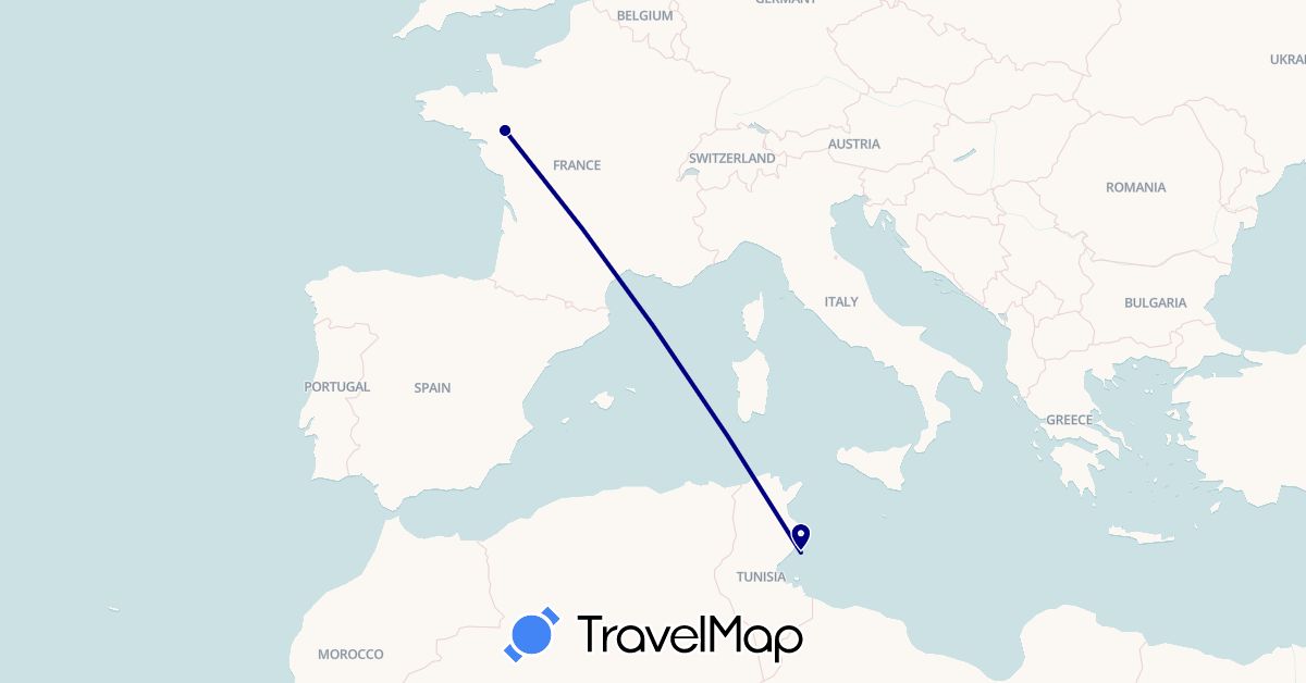 TravelMap itinerary: driving, plane in France, Tunisia (Africa, Europe)